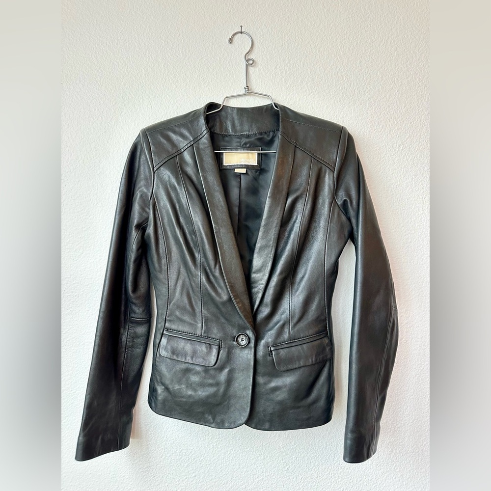 Michael Kors Women's Black Genuine Leather Tailored Peplum Jacket Size XS
